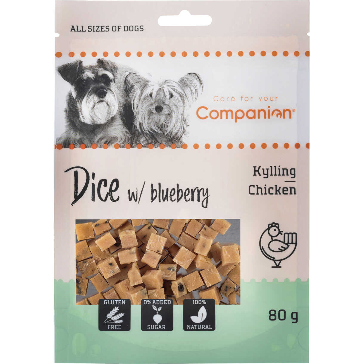 80 g Companion Hundesnack mit Hühnerfleischwürfeln und Heidelbeeren - zucker- und glutenfrei
