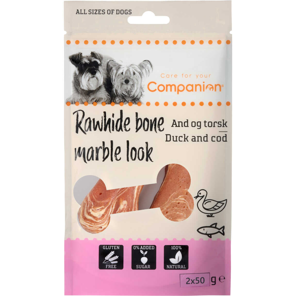 2 x 50 g Companion Rohhautkeule mit Ente und Kabeljau