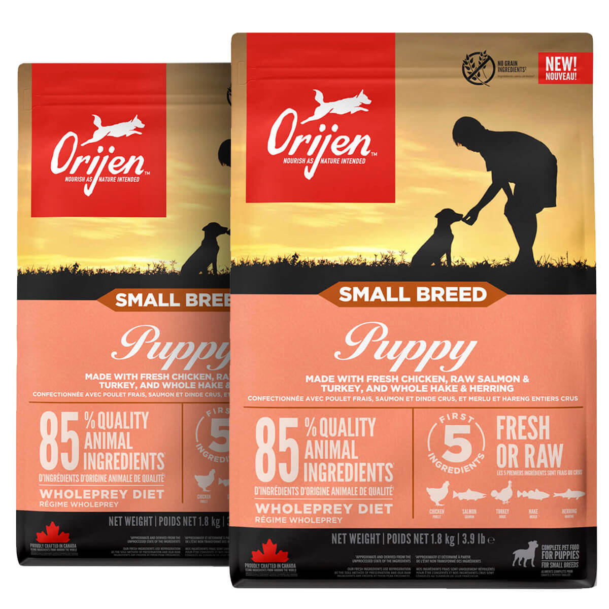 2 x 4,5 kg. Orijen Puppy Small Breed Hundefutter mit Huhn und Lachs