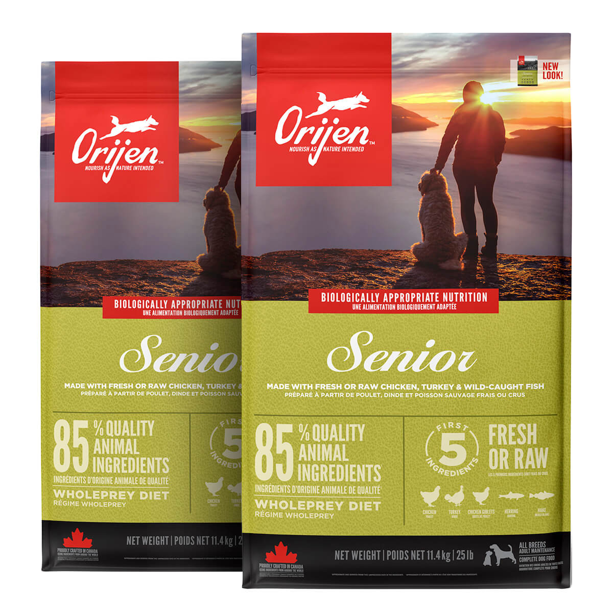 2 x 11,4 kg.  Orijen Senior Hundefutter mit Huhn, Pute und Fisch