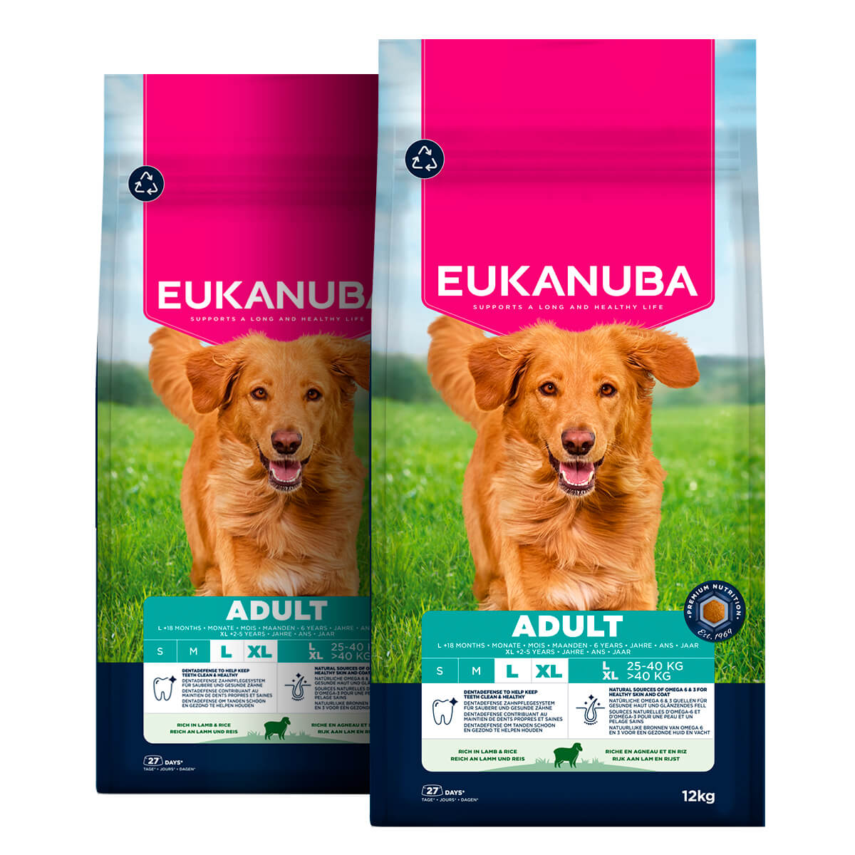 2 x 12 kg. Eukanuba Hundefutter Adult für große Rassen mit Lamm und Reis.