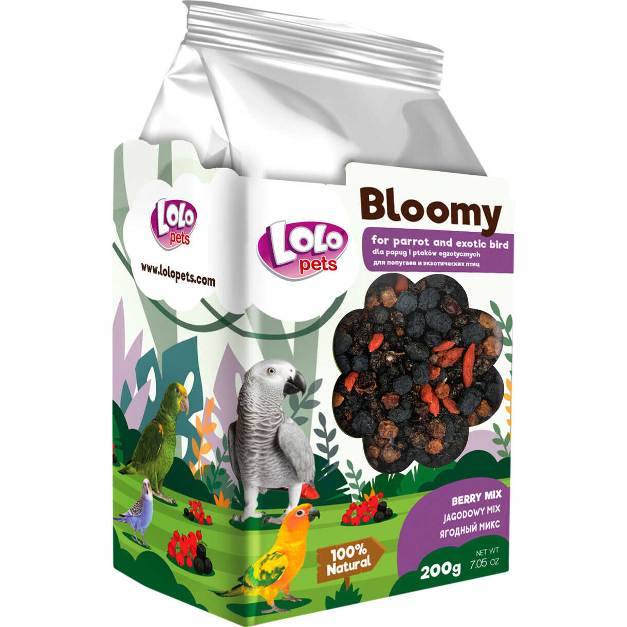 Lolo Bloomy Snack mit Beerenmischung für Papageien und kleine exotische Vögel 200 gr