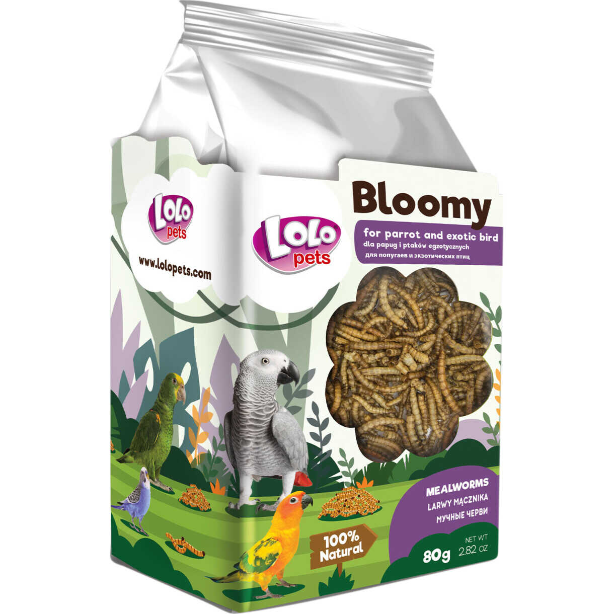 Lolo Bloomy Snack mit Mehlwurmlarven für Papageien und kleine exotische Vögel 80 gr