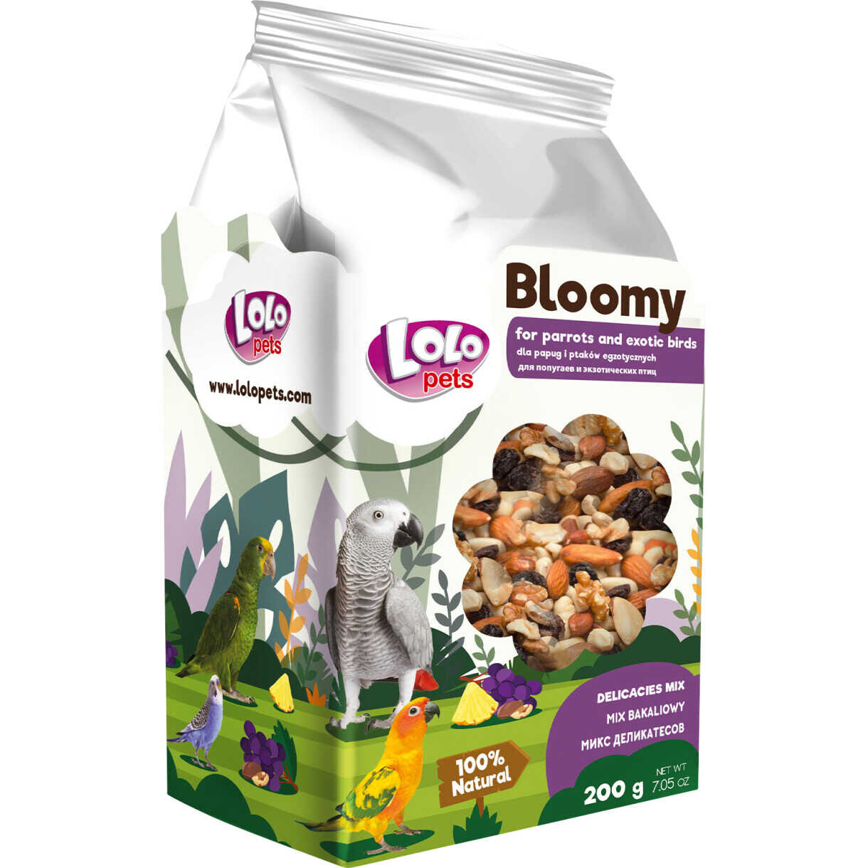 Lolo Bloomy Snack mit Früchten und Nüssen für Papageien und kleine exotische Vögel 200 g