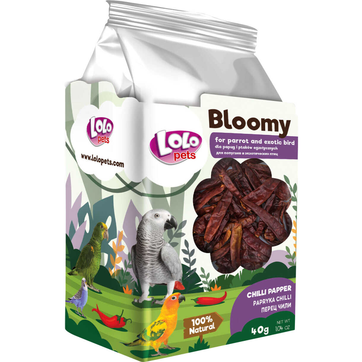 Lolo Bloomy Snack mit Chilipfeffer für Papageien und kleine exotische Vögel 40 gr