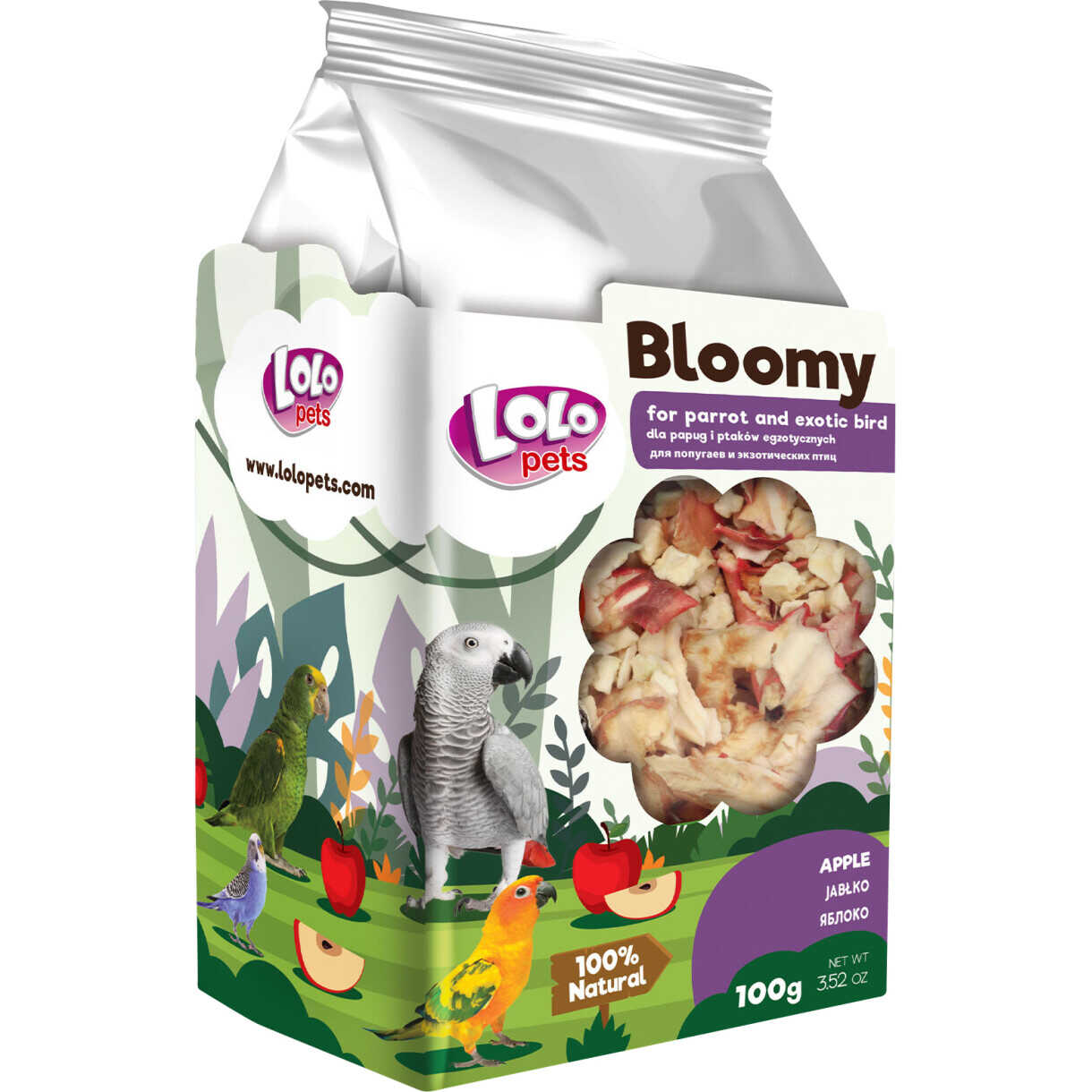 Lolo Bloomy Apfel Snack für Papageien und kleine exotische Vögel 100 gr