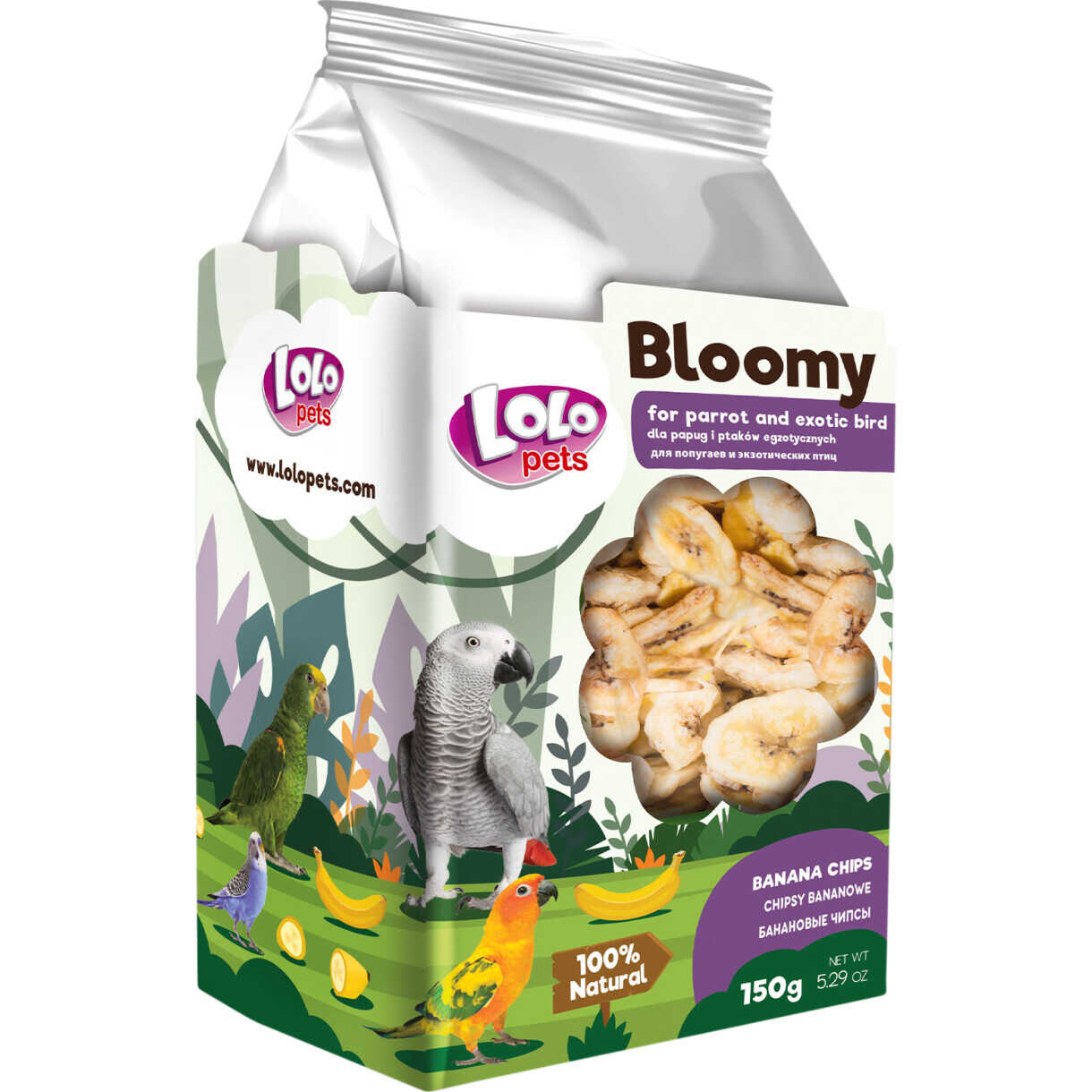 Lolo Bloomy Bananenchips Snack für Papageien und kleine exotische Vögel 150 gr