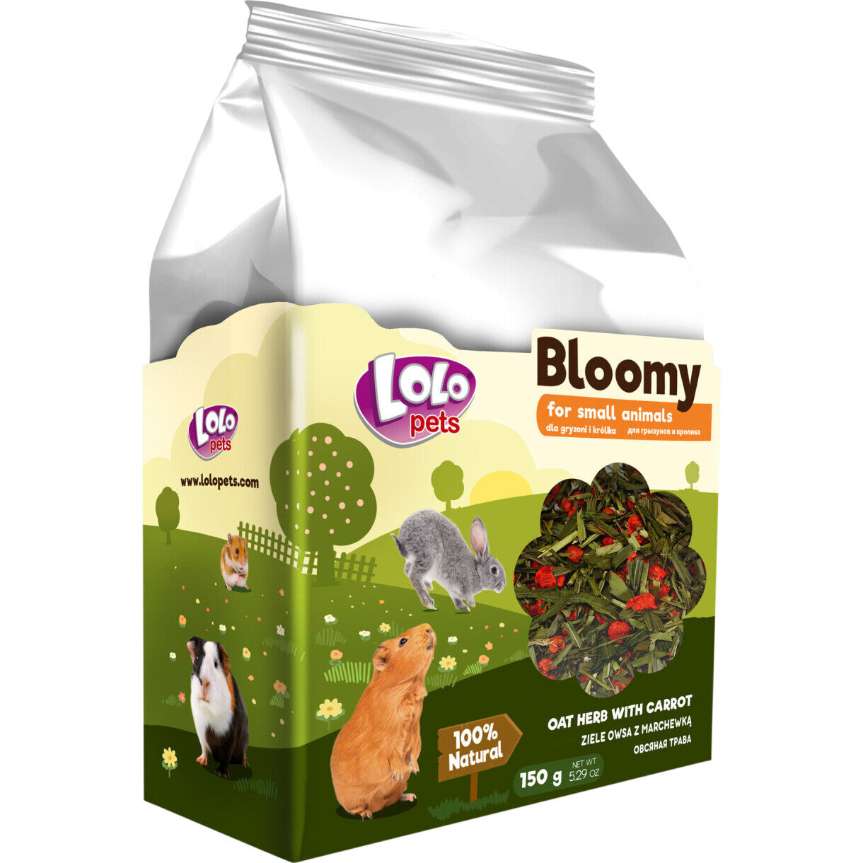 150 gr Lolo Bloomy Snack mit Hafer und Karotten für Kaninchen und Nager