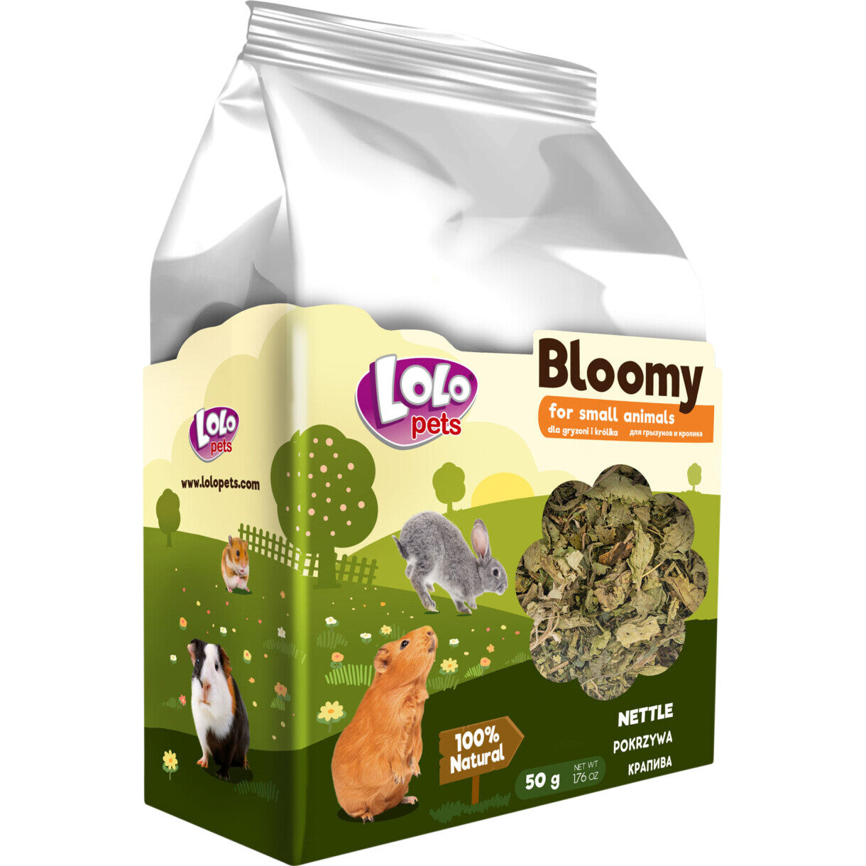 50 gr Lolo Bloomy Snack mit Brennnesselblättern für Kaninchen und Nagetiere