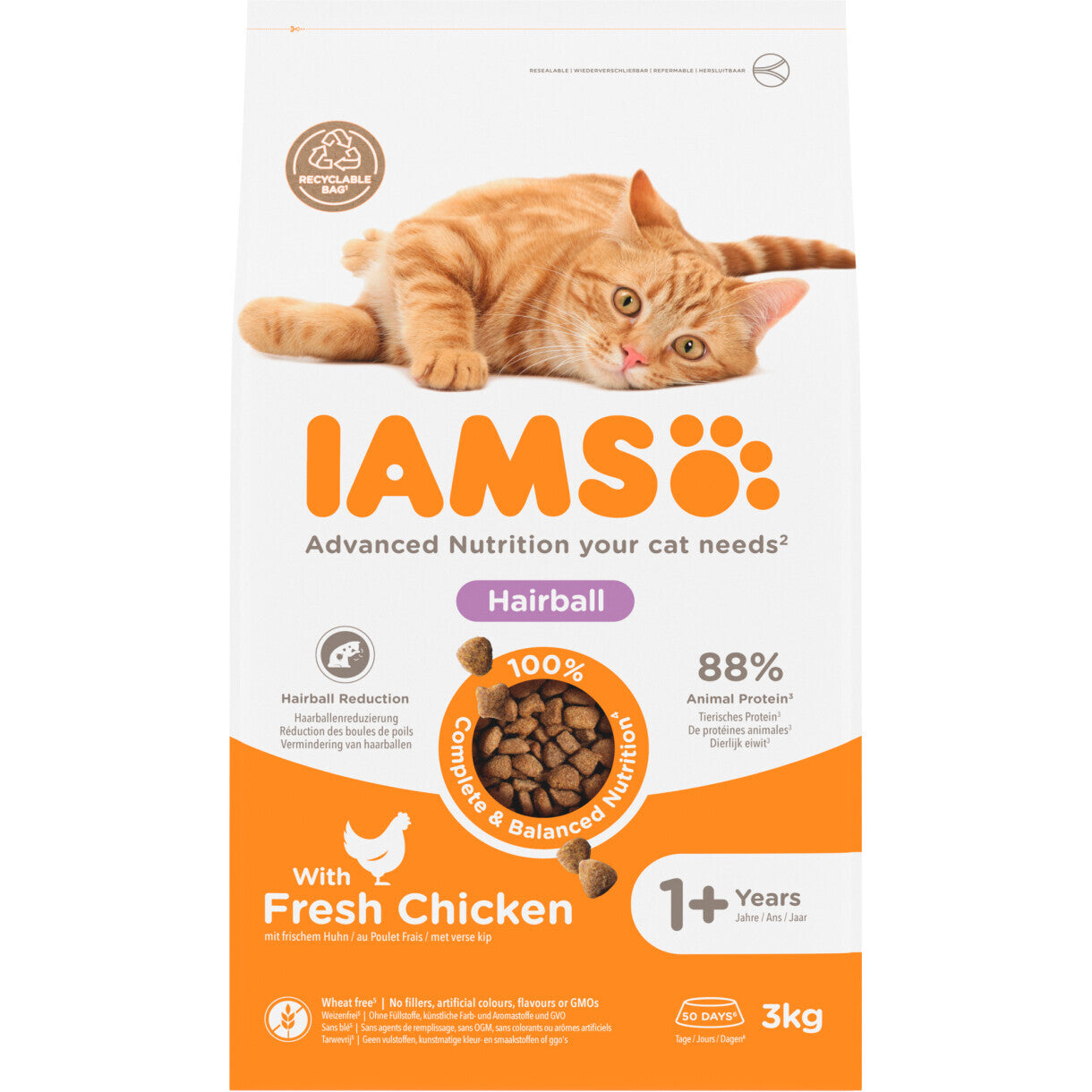 3 kg Iams Vitality Katzenfutter für Erwachsene mit Haarballen und Huhn - ab 1 Jahr