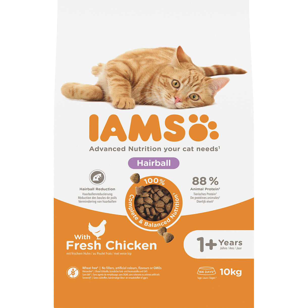 10 kg Iams Vitality Katzenfutter für Erwachsene mit Haarballen und Huhn - ab 1 Jahr