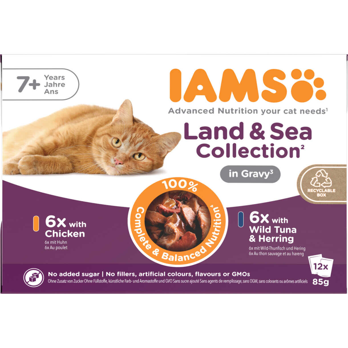 12 x 85 gr Iams DELIGHT Senior Katzen Nassfutter - Huhn und Fisch in Soße - Menübox