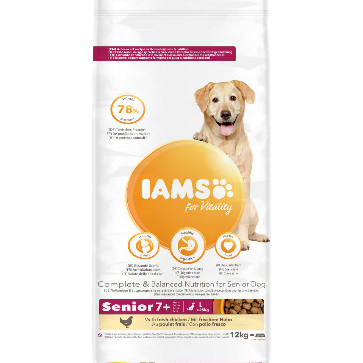 12 kg Iams Vitality Dog Senior Hundefutter für große Rassen mit Huhn