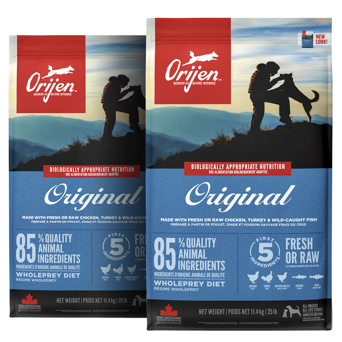 2 x 11,4 kg. Orijen Original Hundefutter mit Huhn und Fisch