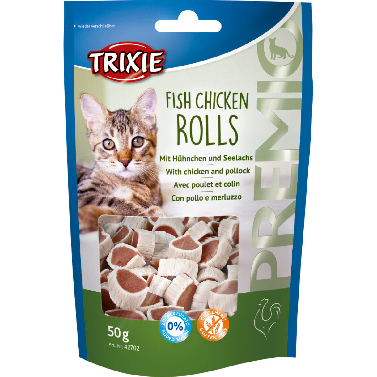 Trixie Premio Rolls Katzenleckerli mit Huhn und Lachs - zuckerfrei - 50g