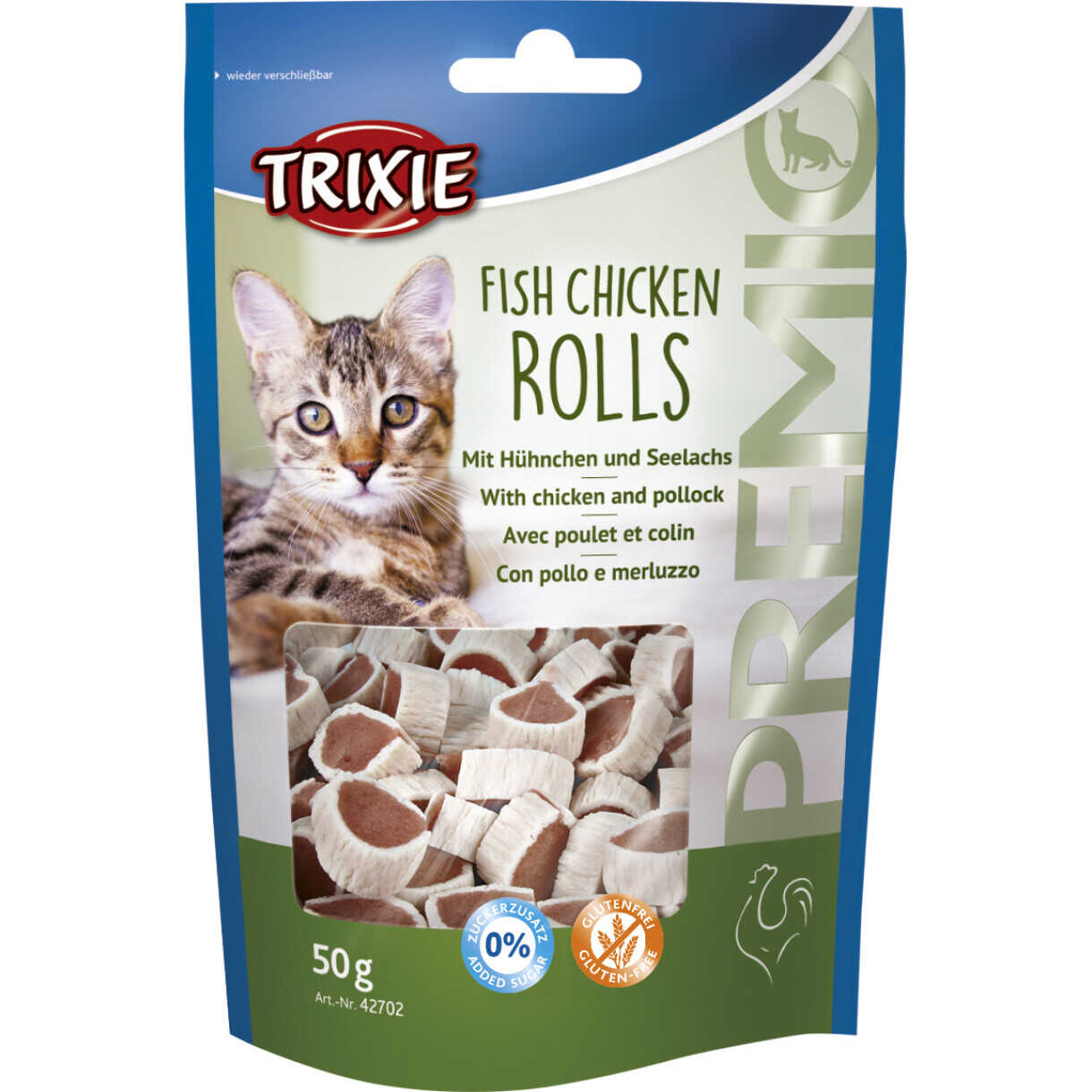 Trixie Premio Rolls Katzenleckerli mit Huhn und Lachs - zuckerfrei - 50g