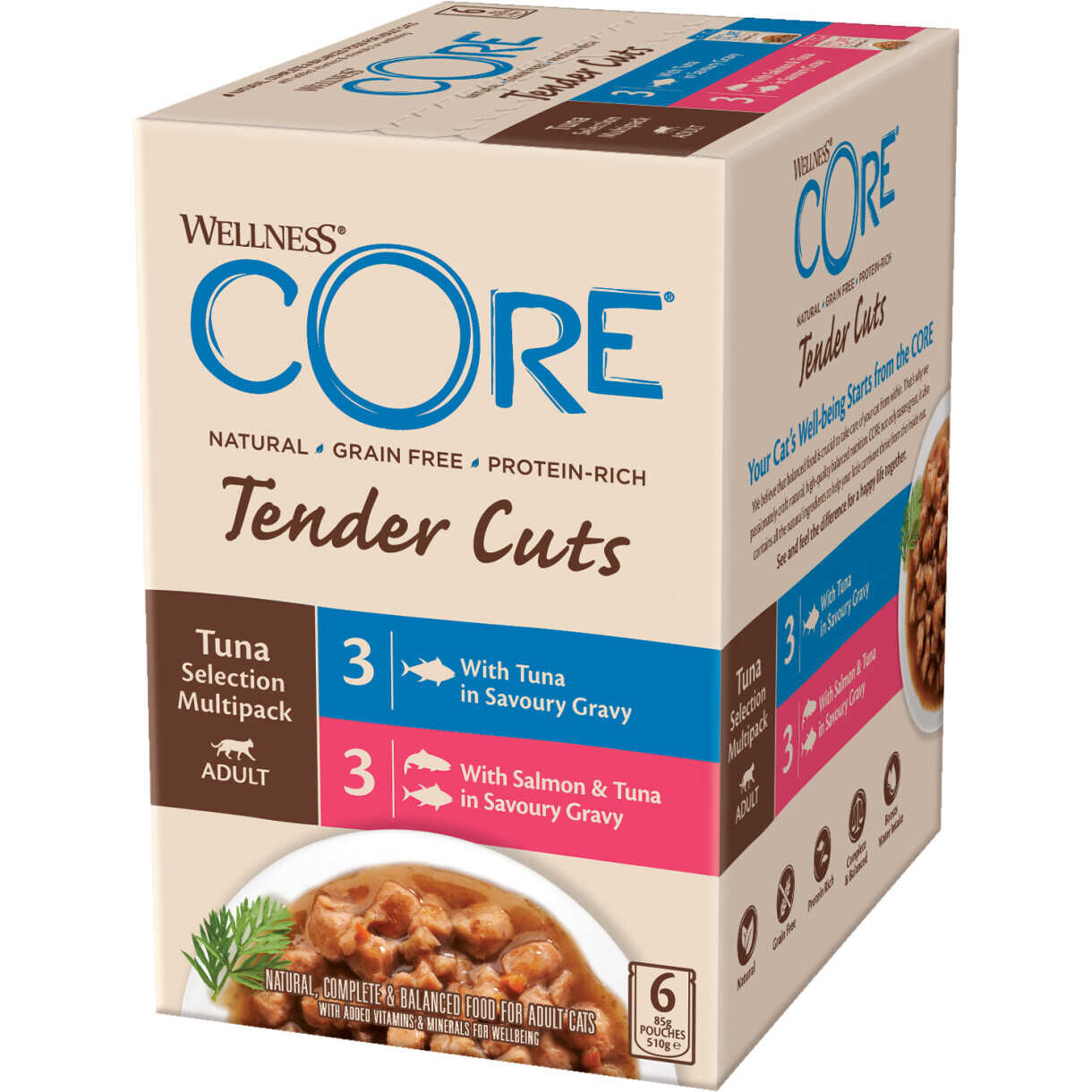 6 x 85 gr CORE Nassfutter für Katzen im Multipack mit Thunfisch und Lachs in Sauce - getreidefrei