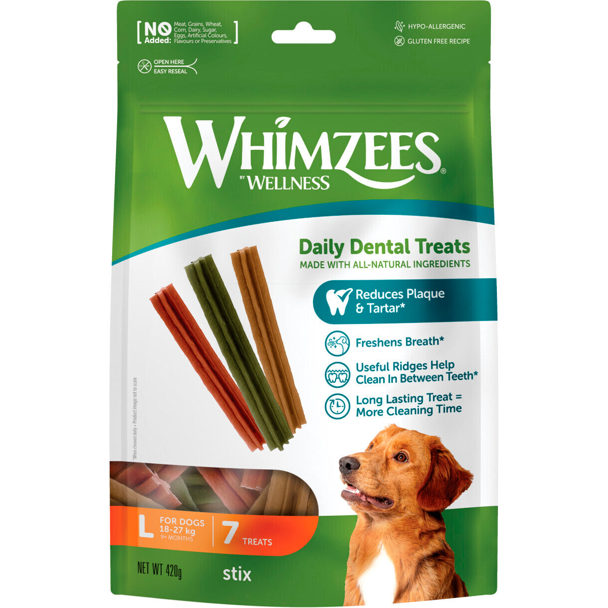 7 Whimzees Denta Soft Stix Large für große Hunde von 18 bis 27 kg - 420 g Beutel