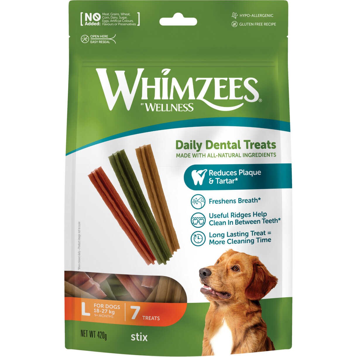 7 Whimzees Denta Soft Stix Large für große Hunde von 18 bis 27 kg - 420 g Beutel
