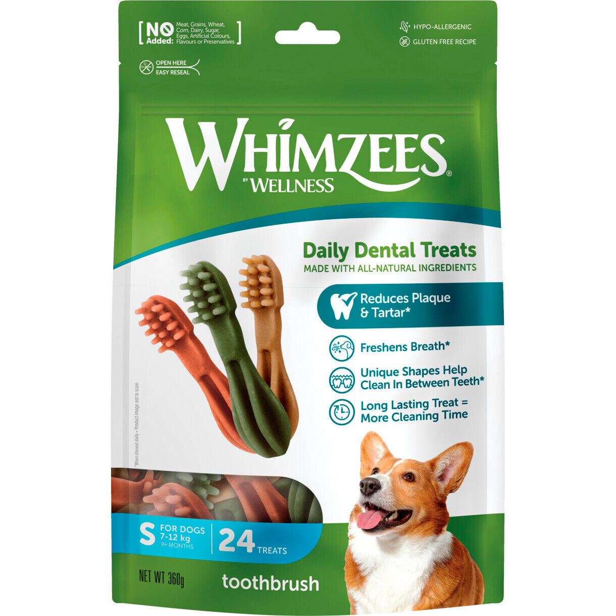 24 Whimzees Zahnbürste Star S für kleine Hunde - 360 g