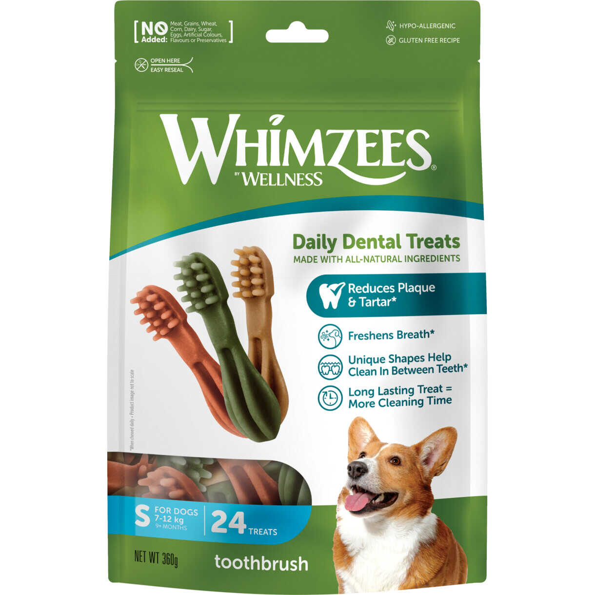 24 Whimzees Zahnbürste Star S für kleine Hunde - 360 g