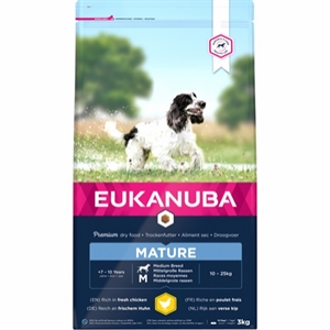 3 kg Eukanuba Hundefutter Mature Medium Breed mit Huhn von 7 bis 10 Jahren