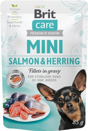 24 Stück x 85 g Brit Care Nassfutter mit Hering und Lachsfilets in Soße für erwachsene sterilisierte Hunde kleiner Rassen