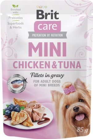 24 Stück x 85 g Brit Care Nassfutter mit Hühnchen- und Thunfischfilets in Soße für erwachsene Hunde kleiner Rassen.