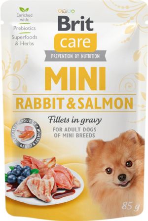 24 Stück x 85 g Brit Care Nassfutter mit Kaninchen und Lachsfilets in Soße für erwachsene Hunde kleiner Rassen.