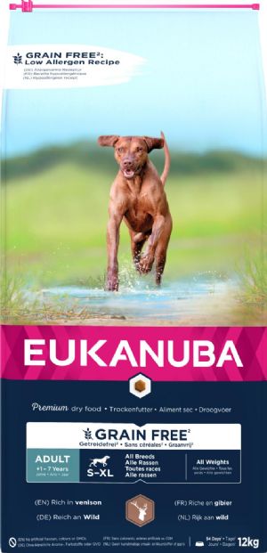 12 kg Eukanuba Hundefutter Adult für alle Rassen, getreidefreie mit Hirschfleisch, für Hunde im Alter von 1 bis 7 Jahren.