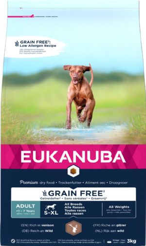 Eukanuba Hundefutter für erwachsene Hunde aller Rassen - getreidefrei mit Hirschfleisch von 1 bis 7 Jahren.