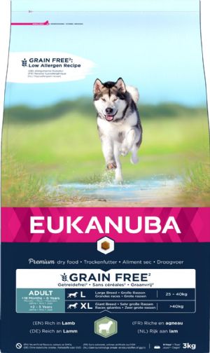 3 kg Eukanuba Hundefutter für ausgewachsene Hunde großer/großrassiger Hunderassen, getreidefrei mit Lamm, von 18 Monaten bis 6 Jahren