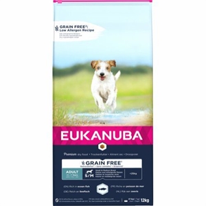 12 kg Eukanuba Hundefutter Adult Small und Medium Breed getreidefrei mit frischem Fisch