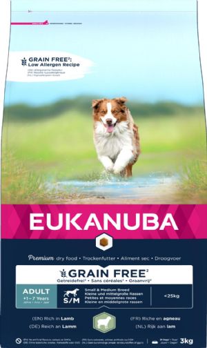 3 kg Eukanuba Hundefutter Adult Small - Medium Breed kornfrei mit Lamm von 1 bis 7 Jahren