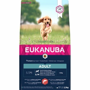 2,5 kg Eukanuba Hundefutter mit Lachs für kleine bis mittelgroße Hunderassen von 1 bis 7 Jahren, für Hunde unter 25 kg.