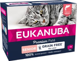 12 Stück x 85 g Eukanuba Katzen-Nassfutter für ältere Katzen mit Lachs - getreidefrei