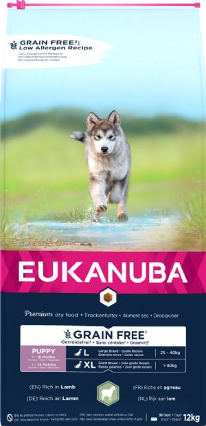 12 kg Eukanuba Welpenfutter für große - großrassige Hunde ohne Getreide mit Lamm, für Welpen von 1 - 24 Monaten