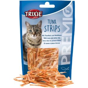 Trixie bietet Leckerlis für Katzen mit Thunfisch in Streifenform an, 20 g - glutenfrei und ohne Zucker.